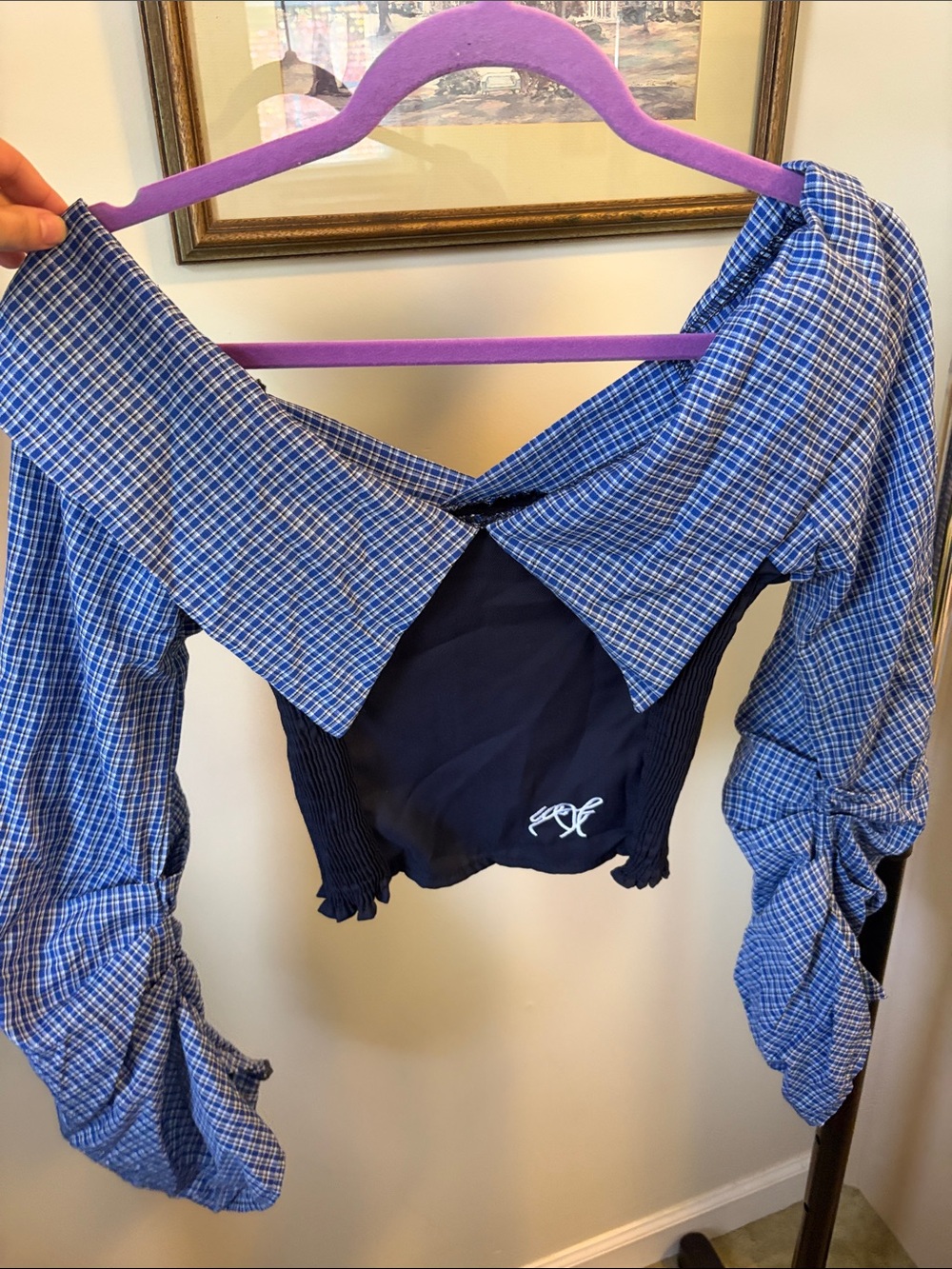 Korean Blue Plaid Off-Shoulder Women’s Top with Embroidered Logo